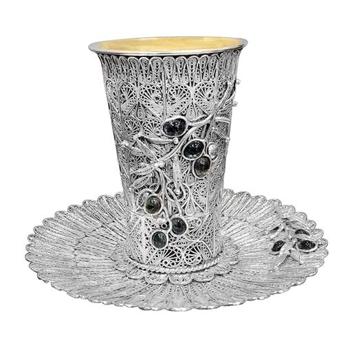 Napoli Kiddush Set- 925 Silver with Dark Gemstones & Silver Branches