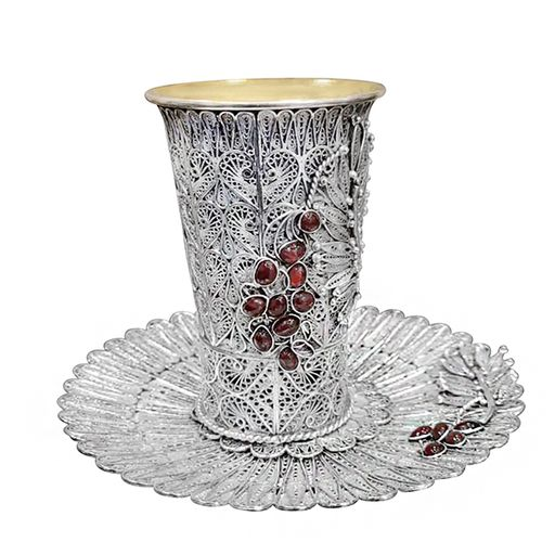Budapest Kiddush Set- 925 Silver with Garnet Stones & Silver Branches