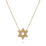 Gold Star of David necklace on white background