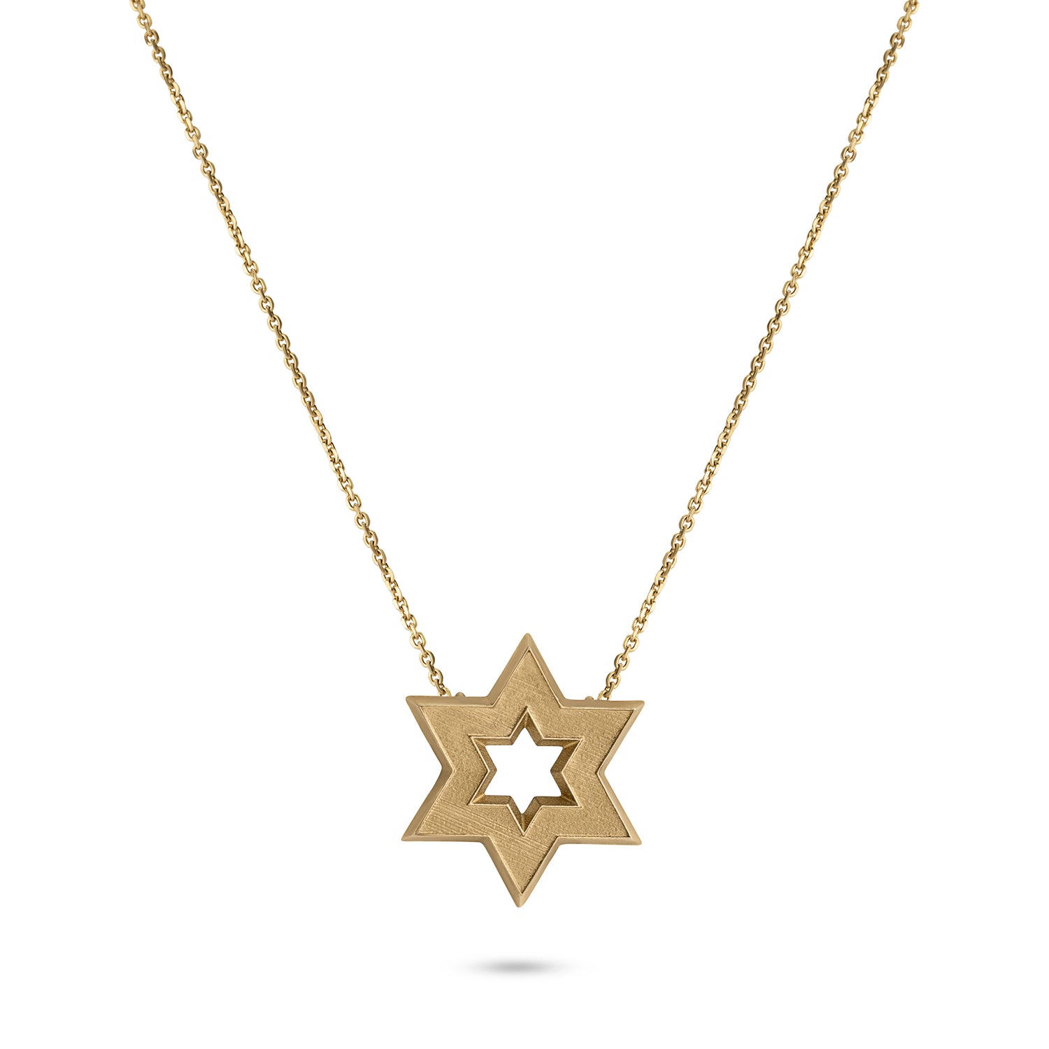 Gold Star of David necklace on white background