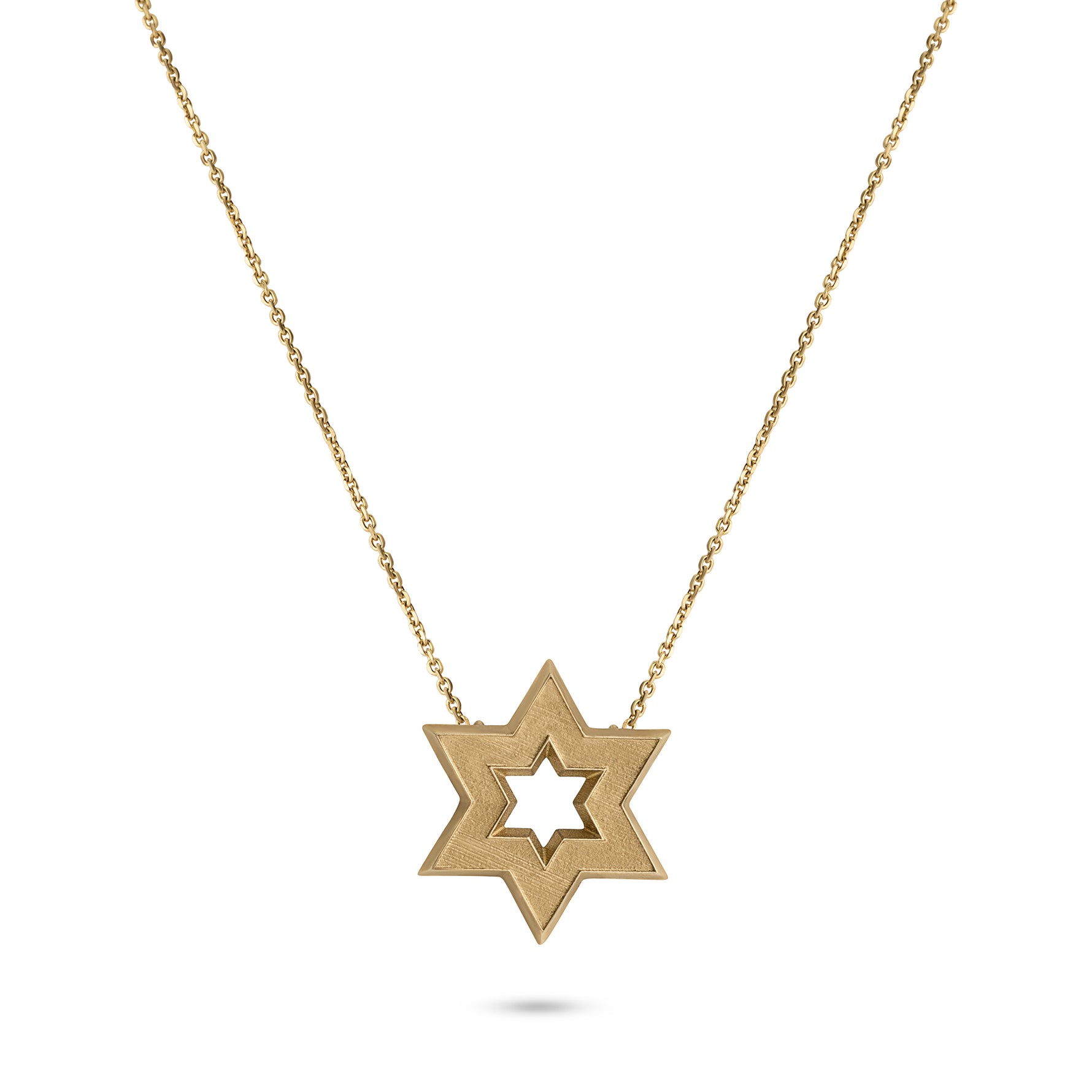 Gold Star of David necklace on white background