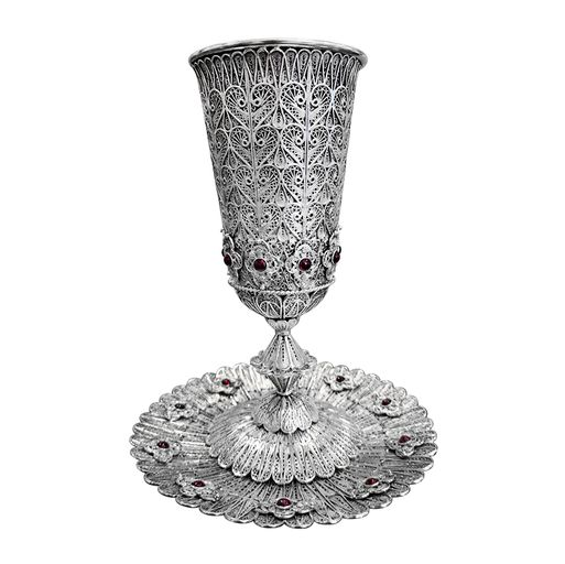 Boston Kiddush Set- 925 Silver with Garnet Accents, Lotus Base