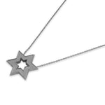 Silver star pendant necklace on white background.