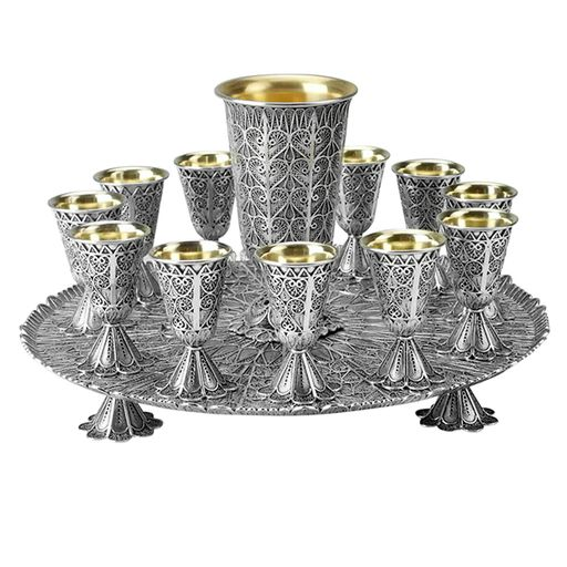 Ornate silver goblet set on tray