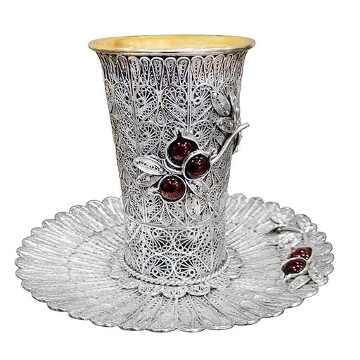 Atlanta Kiddush Set- 925 Silver with Garnet Stones & Branch Motifs