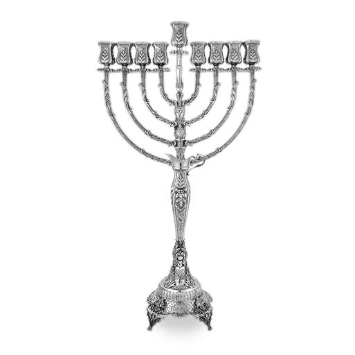 Naveh 925 Sterling Silver Menorah- Grand Traditional, Ornate Four-Leg Base