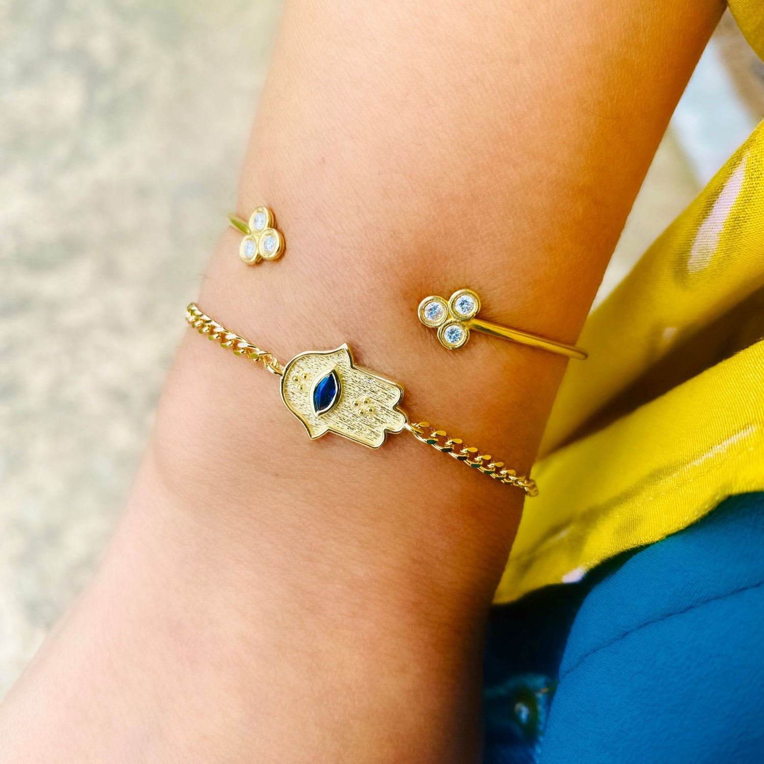 Protective Harmony – 14K Gold Sapphire Hamsa Charm Bracelet