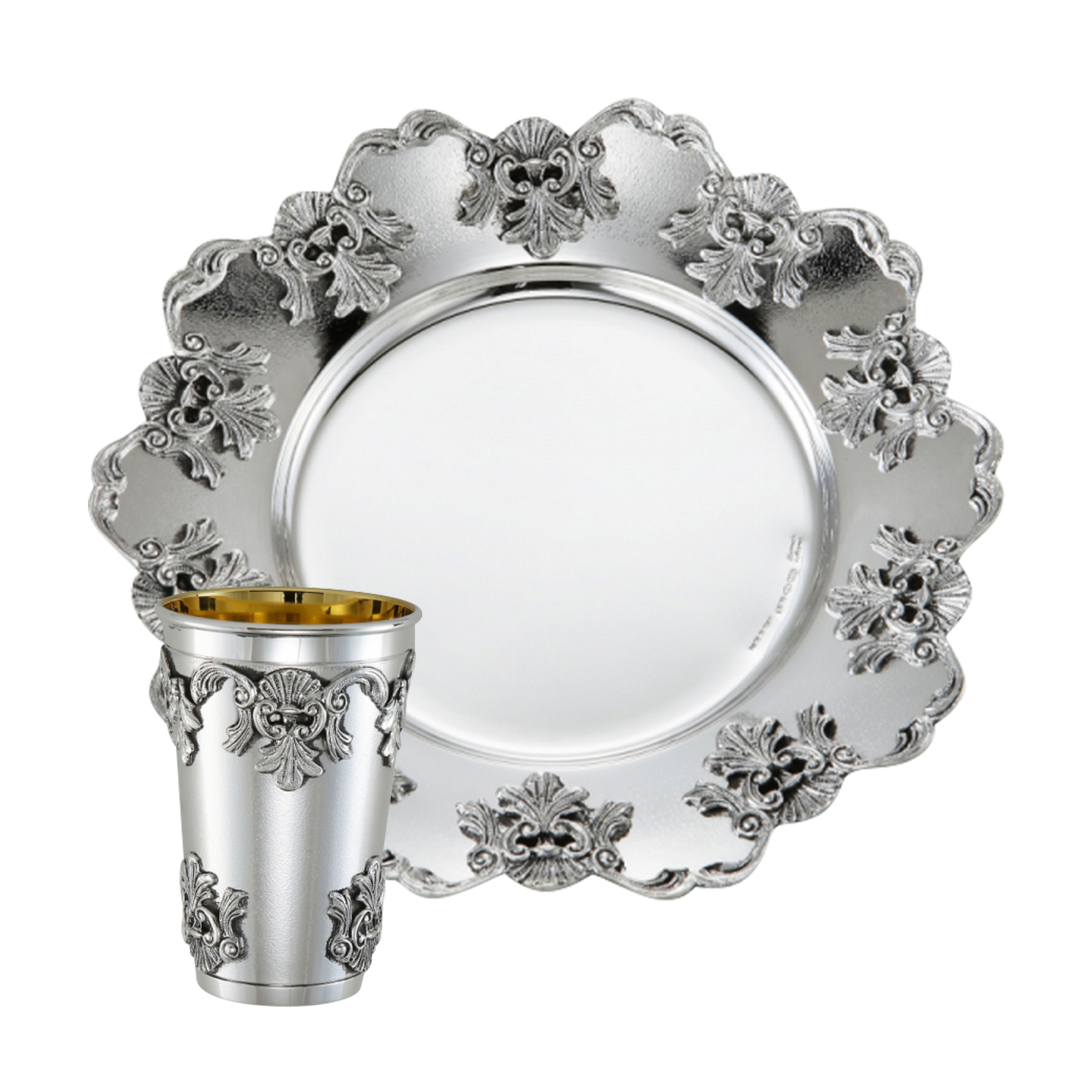 Silver floral cup and plate set