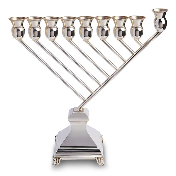 925 Sterling Silver Menorah- Modern Diagonal Branch Design with Gold Cups