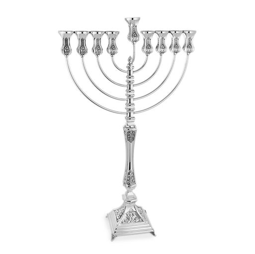 Omri 925 Sterling Silver Menorah- Tall Design, Traditional Engravings