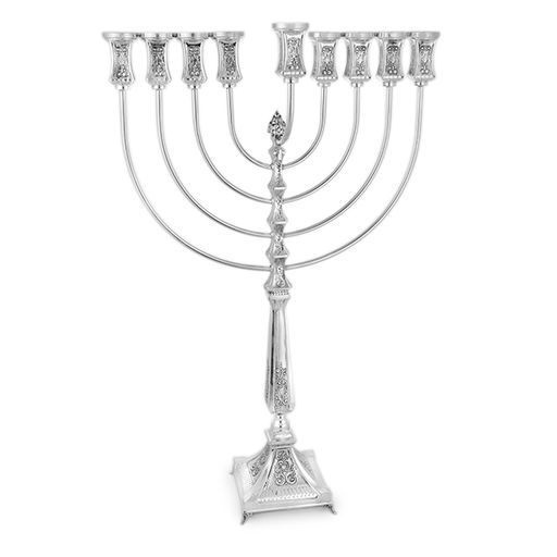 Shimshon 925 Sterling Silver Menorah- Deep Sculpted Reliefs, Square Base