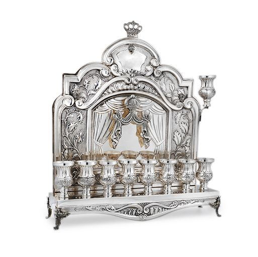 Ornate façade silver menorah piece 