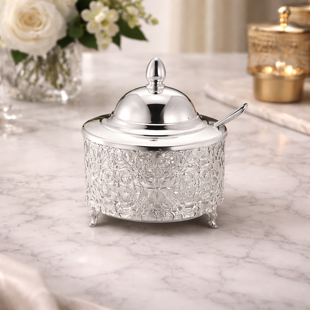 Ornate Honey Holder Bowl in 925 Sterling Silver