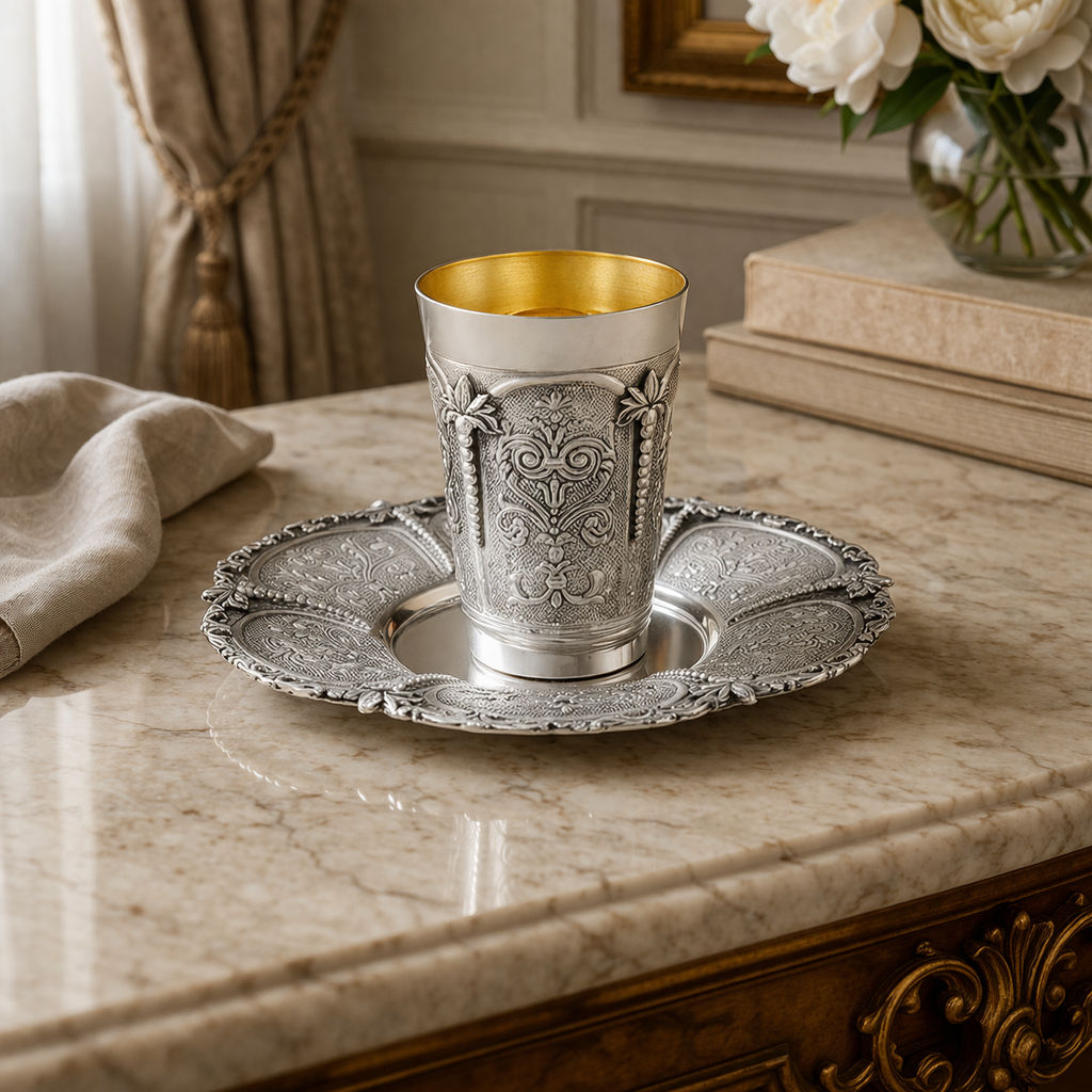 Carmel Kiddush Set- 925 Sterling Silver, Deep Engravings & Matching Tray