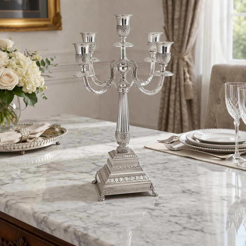 Silver candelabra on a marble table with decorative items in a room.