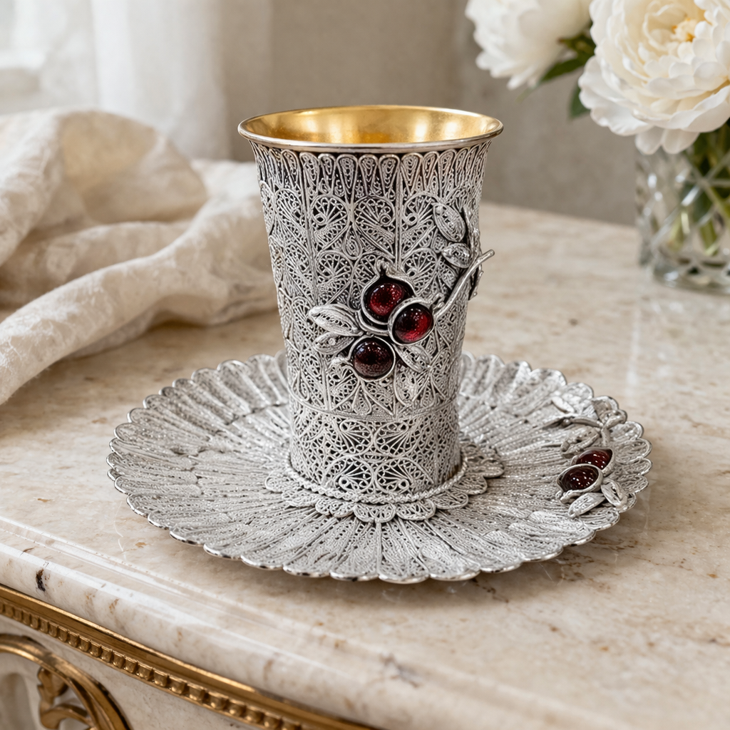 Atlanta Kiddush Set- 925 Silver with Garnet Stones & Branch Motifs