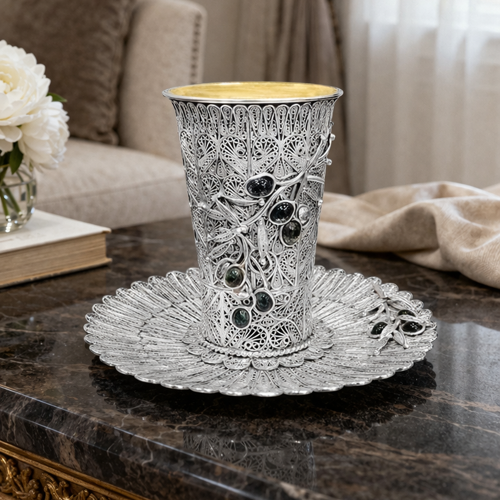 Napoli Kiddush Set- 925 Silver with Dark Gemstones & Silver Branches