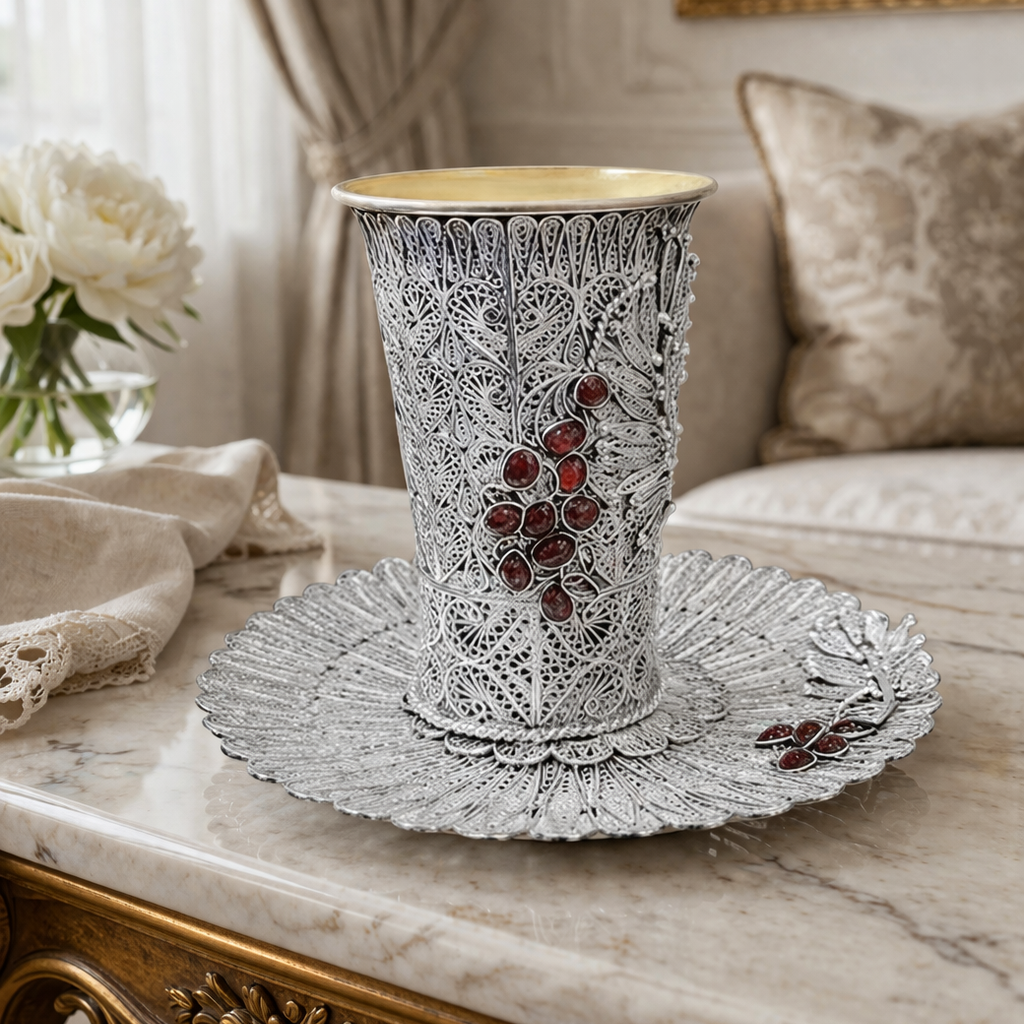 Budapest Kiddush Set- 925 Silver with Garnet Stones & Silver Branches