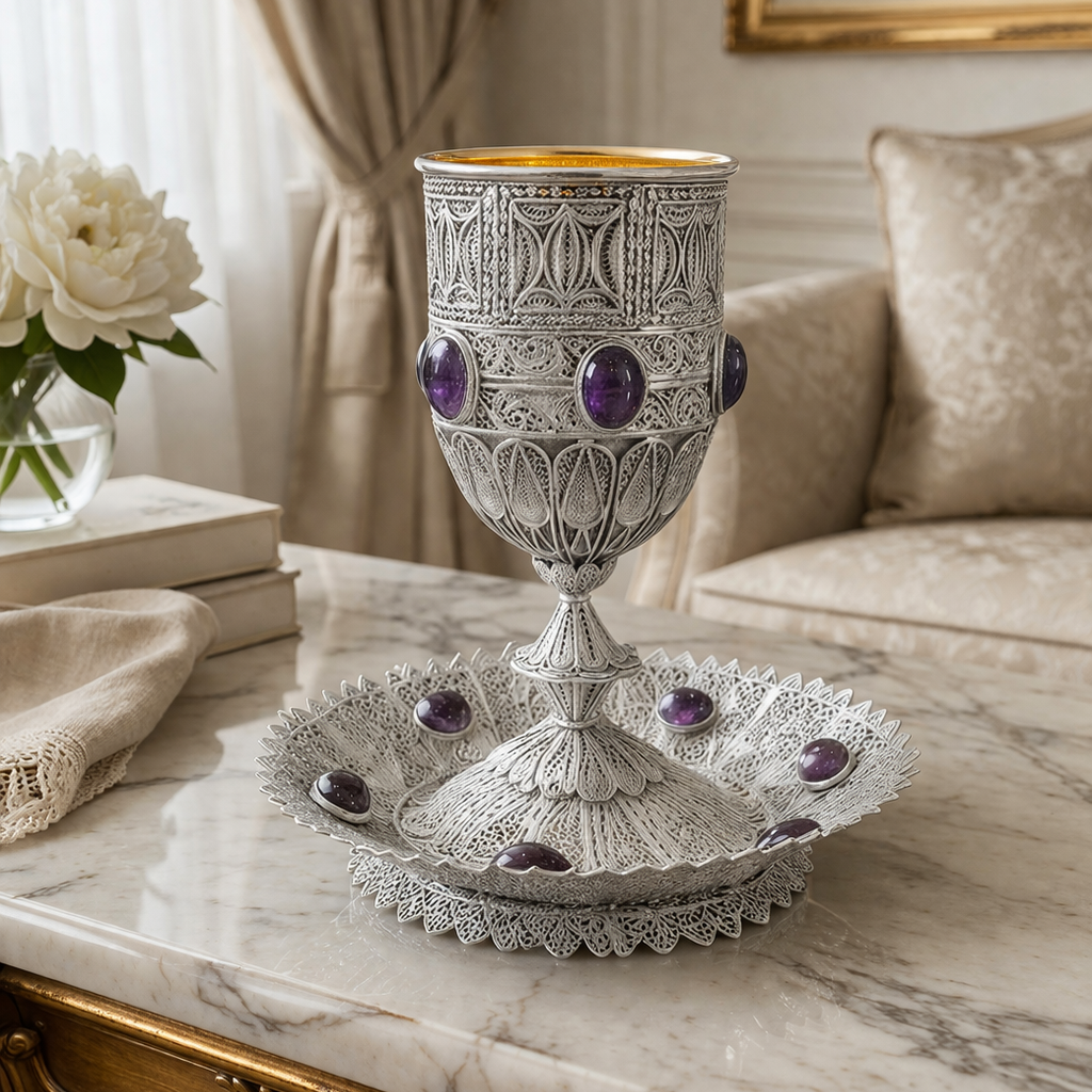 Memphis Kiddush Set- 925 Silver with Amethyst Stones, Gold Interior