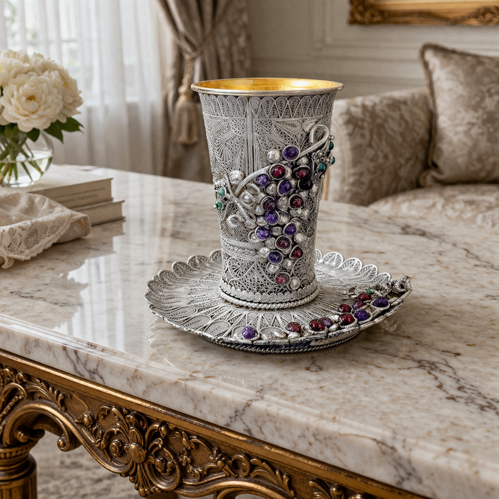 London Kiddush Set- 925 Silver, 3D Grape Cluster with Multicolour Stones