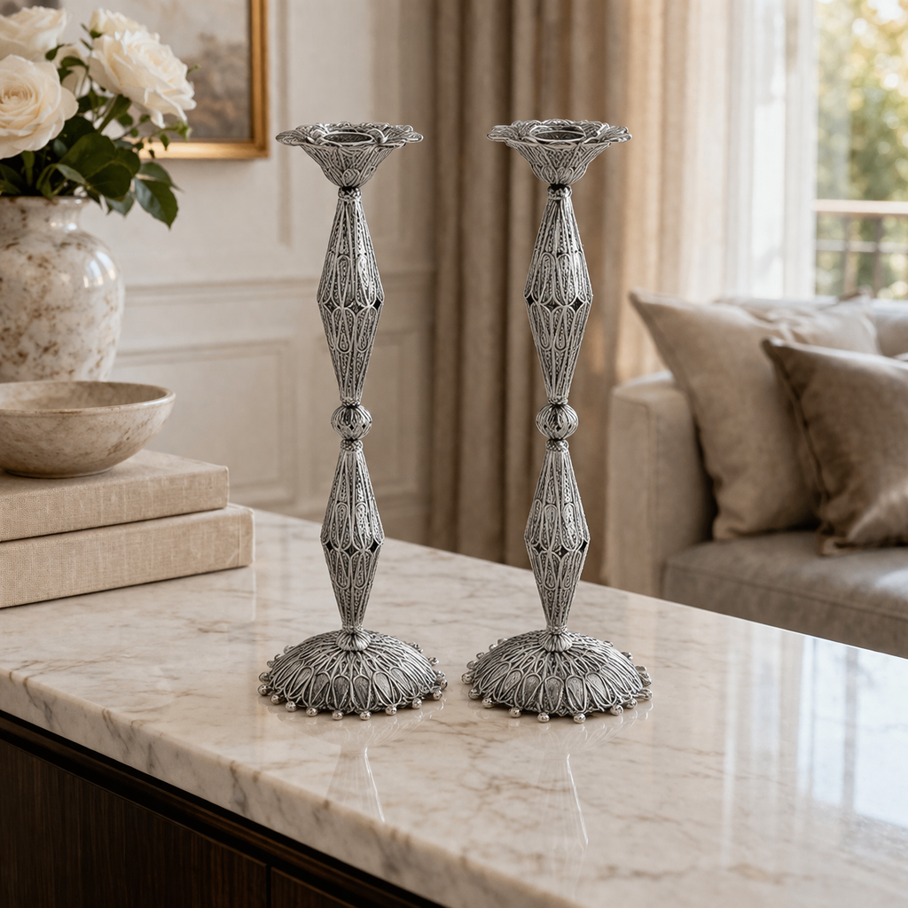 Tuscany Sterling Silver Candlesticks- Geometric Diamond Columns