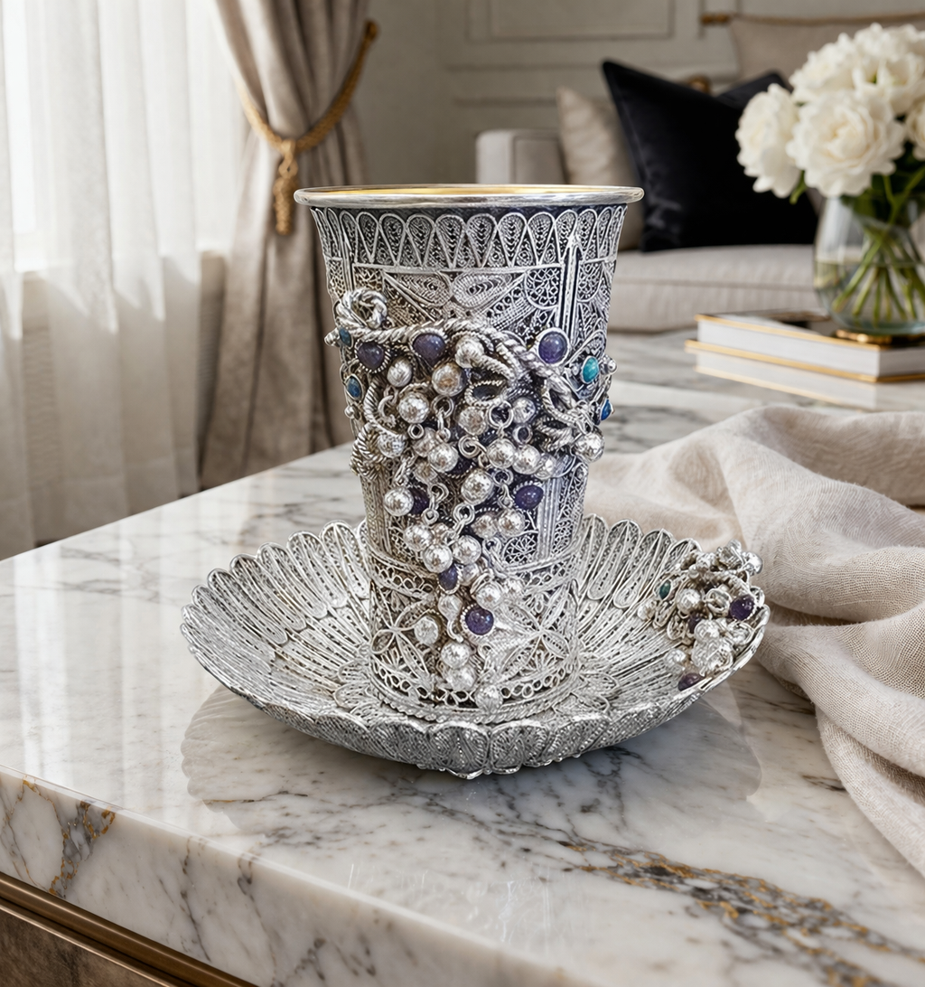 Chicago Kiddush Set- 925 Silver with Blue & Purple Gemstones