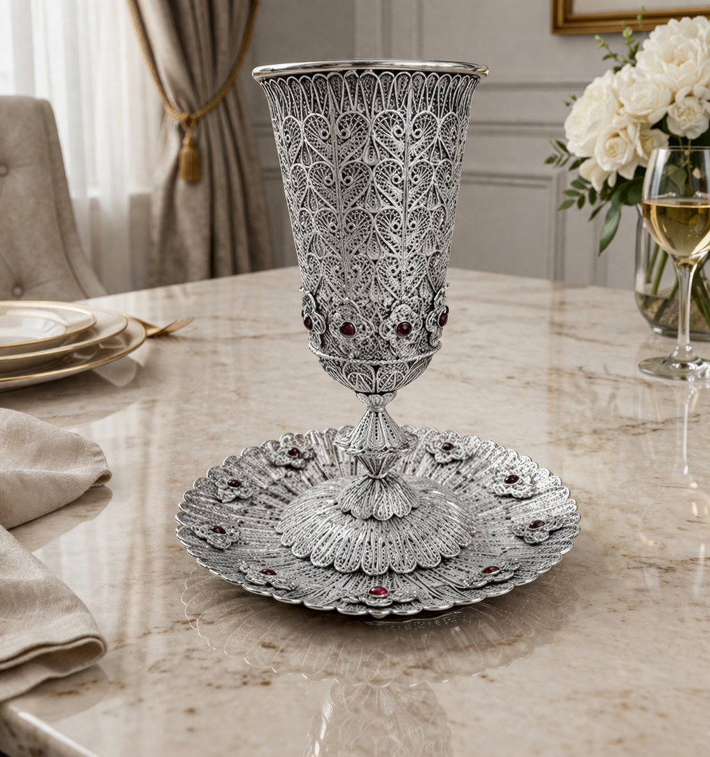 Boston Kiddush Set- 925 Silver with Garnet Accents, Lotus Base