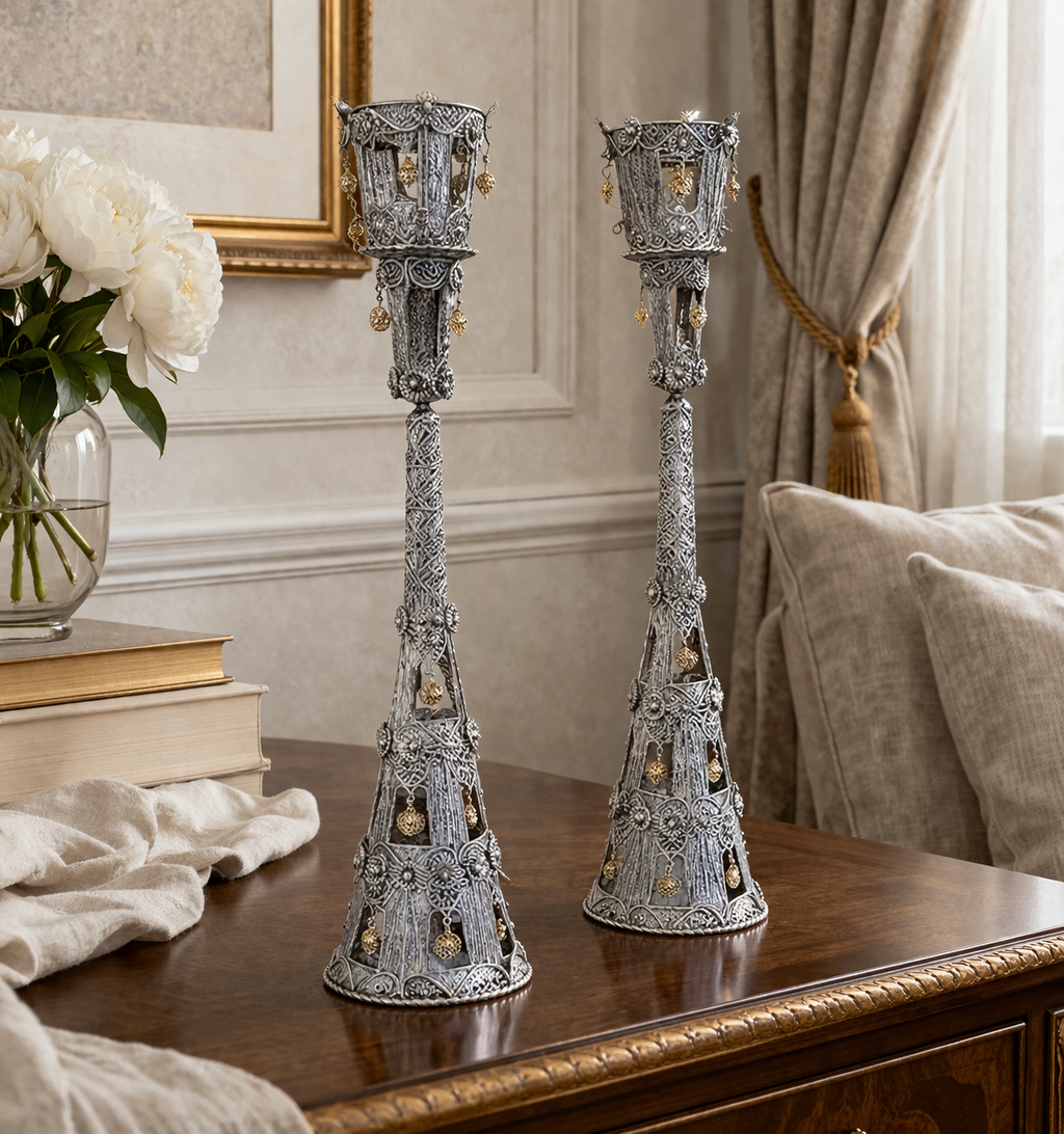 New Jersey Sterling Silver Candlesticks- Architectural Design with Gold Accents