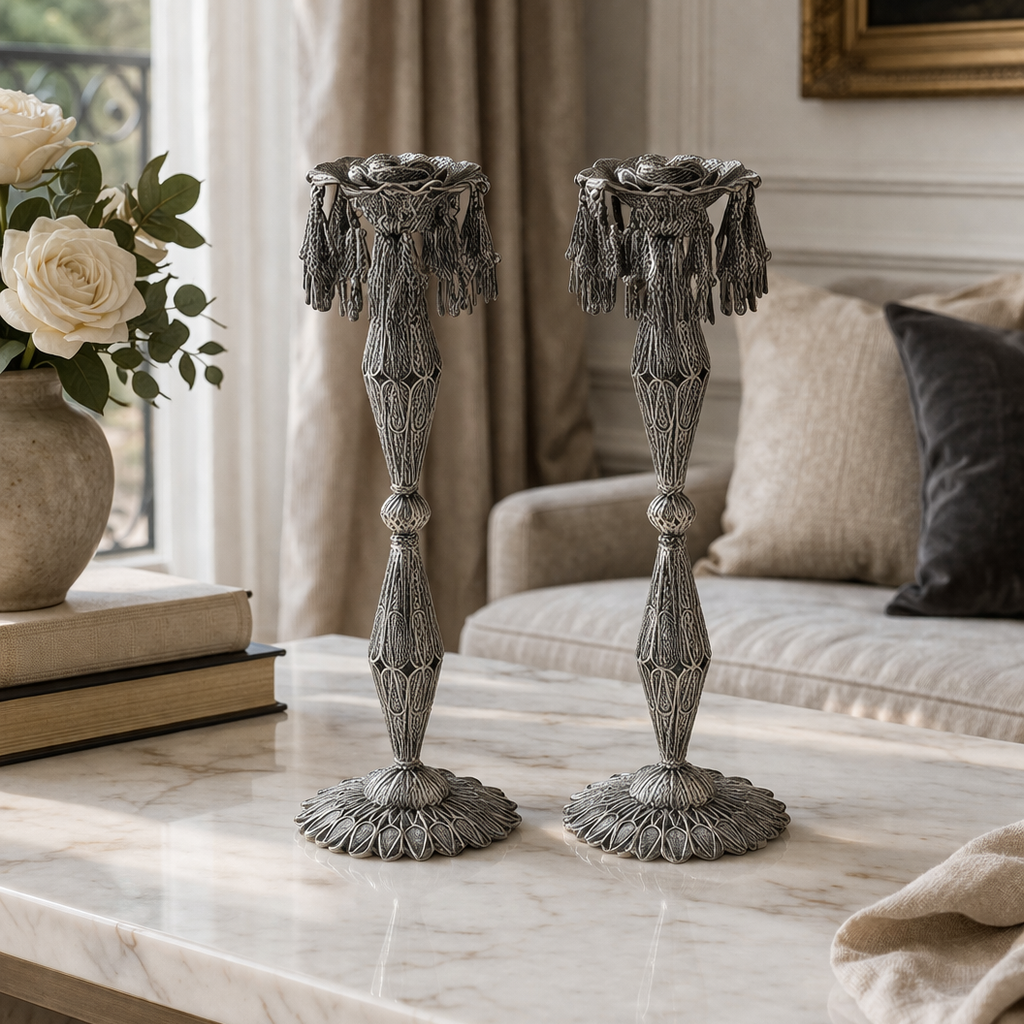 Washington Sterling Silver Candlesticks- Ornamental Floral Cup and Tassels