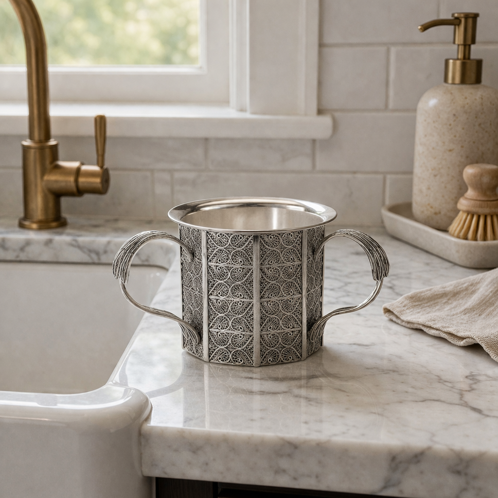 925 Sterling Silver Netilat Yadayim Cup- Octagonal Filigree Design