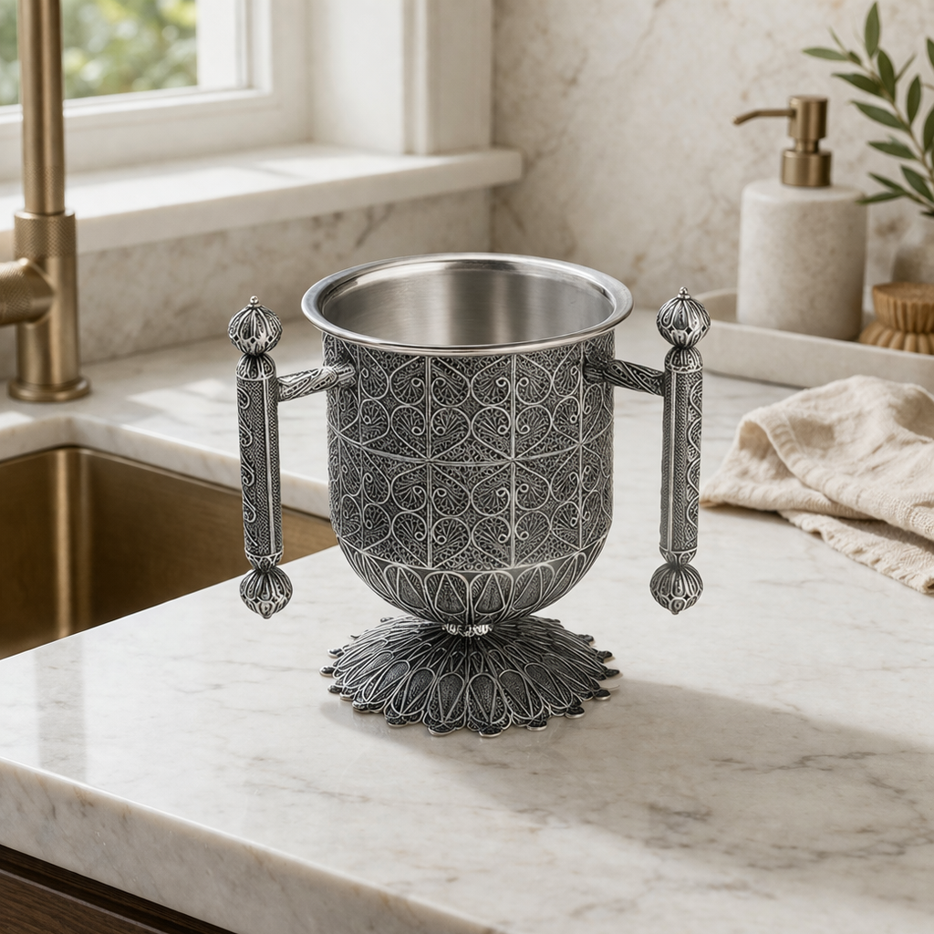 925 Sterling Silver Netilat Yadayim Cup- Sculpted Handles & Filigree Base