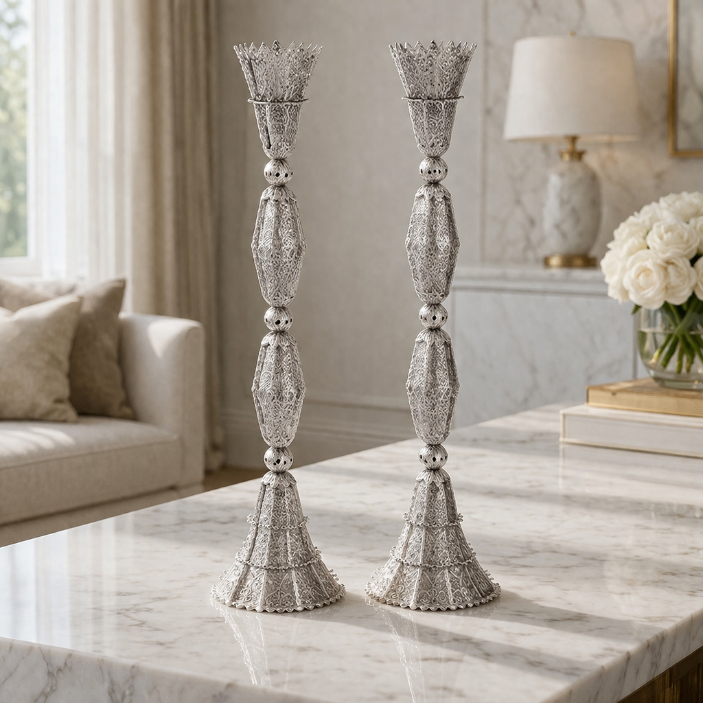 Zurich Sterling Silver Candlesticks - Tall Elegant Filigree Silhouette