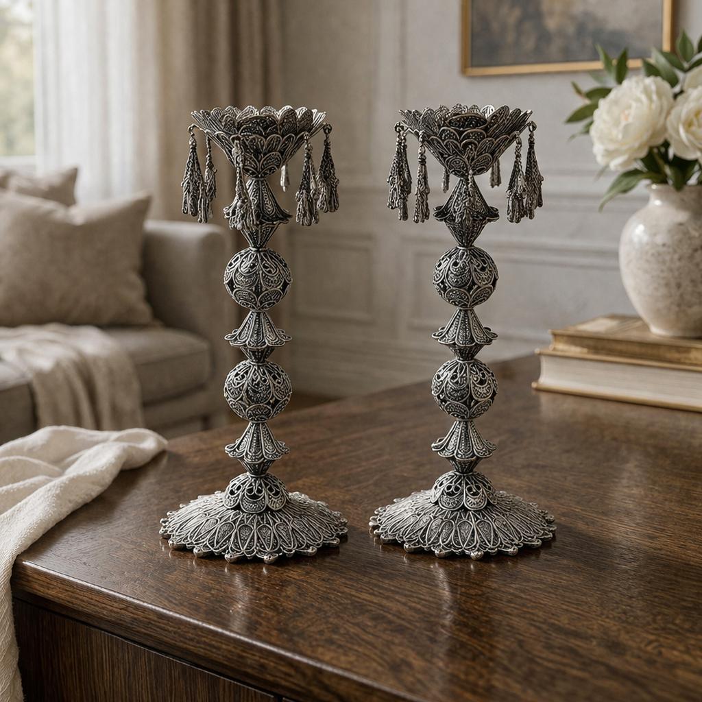 Marrakesh Sterling Silver Candlesticks- Festive Tassels and Filigree