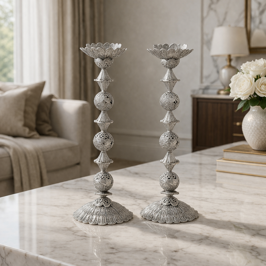 San Diego Sterling Silver Candlesticks- Sculpted Spherical Elegance