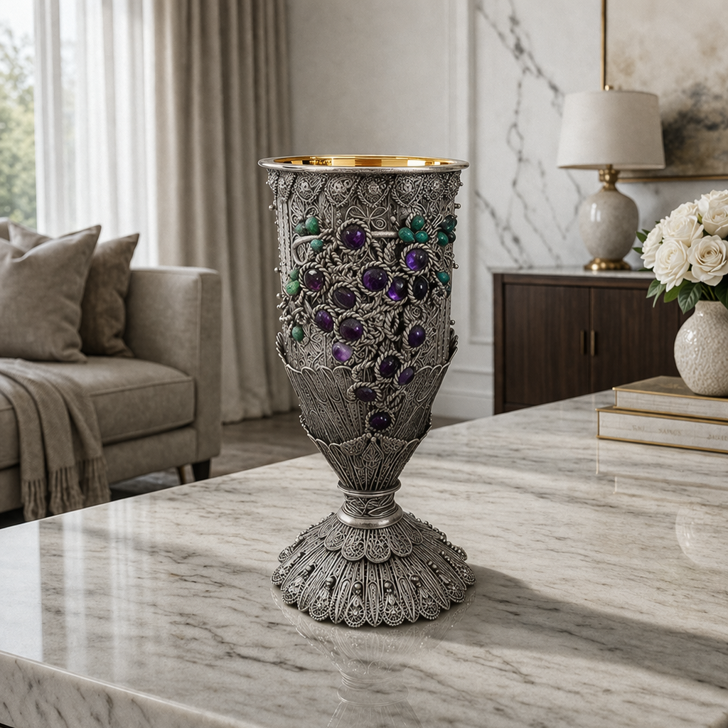 Amsterdam Kiddush Goblet- 925 Silver, Amethyst & Turquoise Gemstones