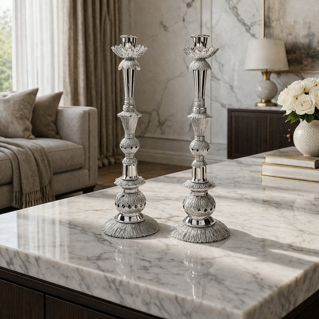 London Sterling Silver Candlesticks- Regal Spherical Columns
