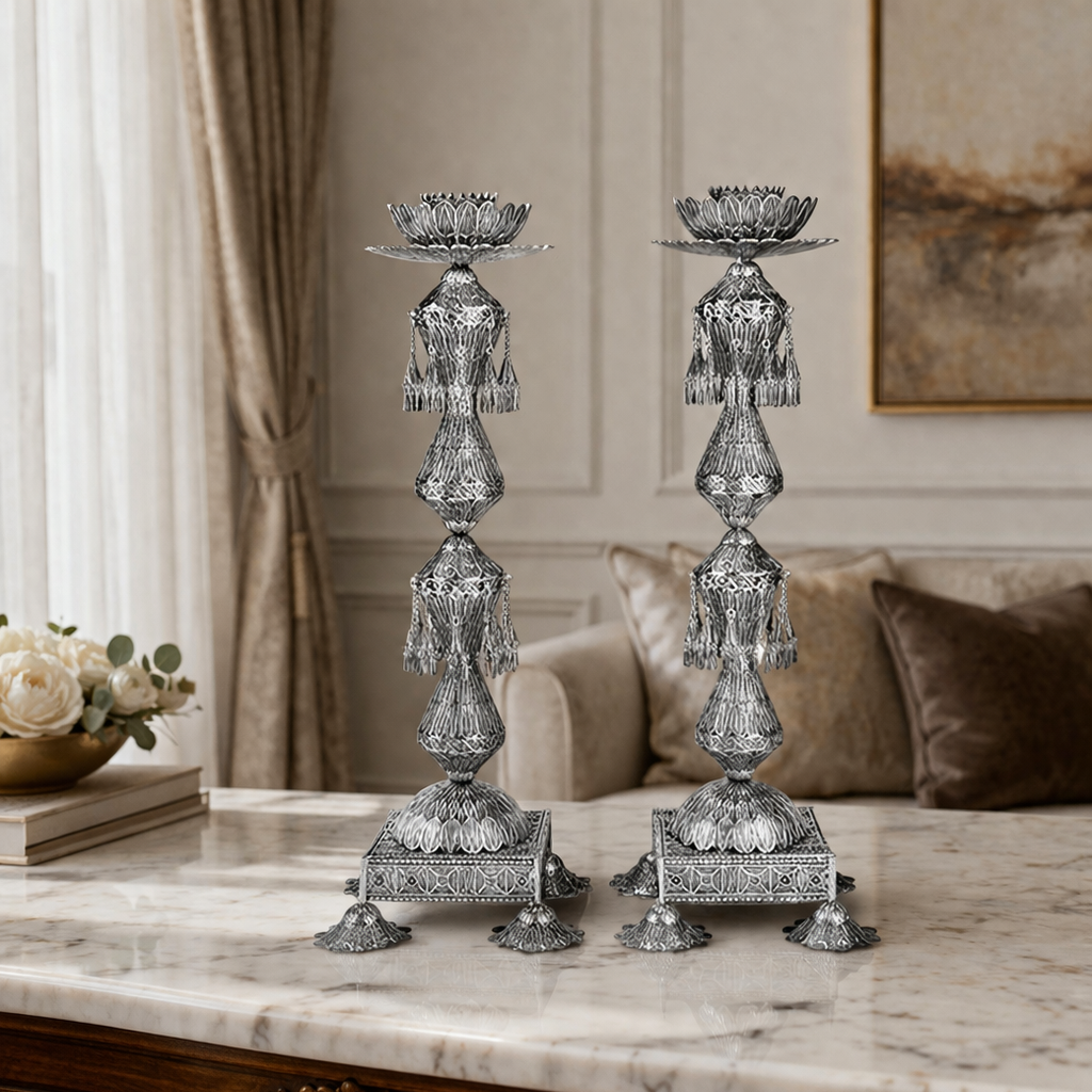 Casablanca Sterling Silver Candlesticks- Oriental Luxury with Filigree Tassels