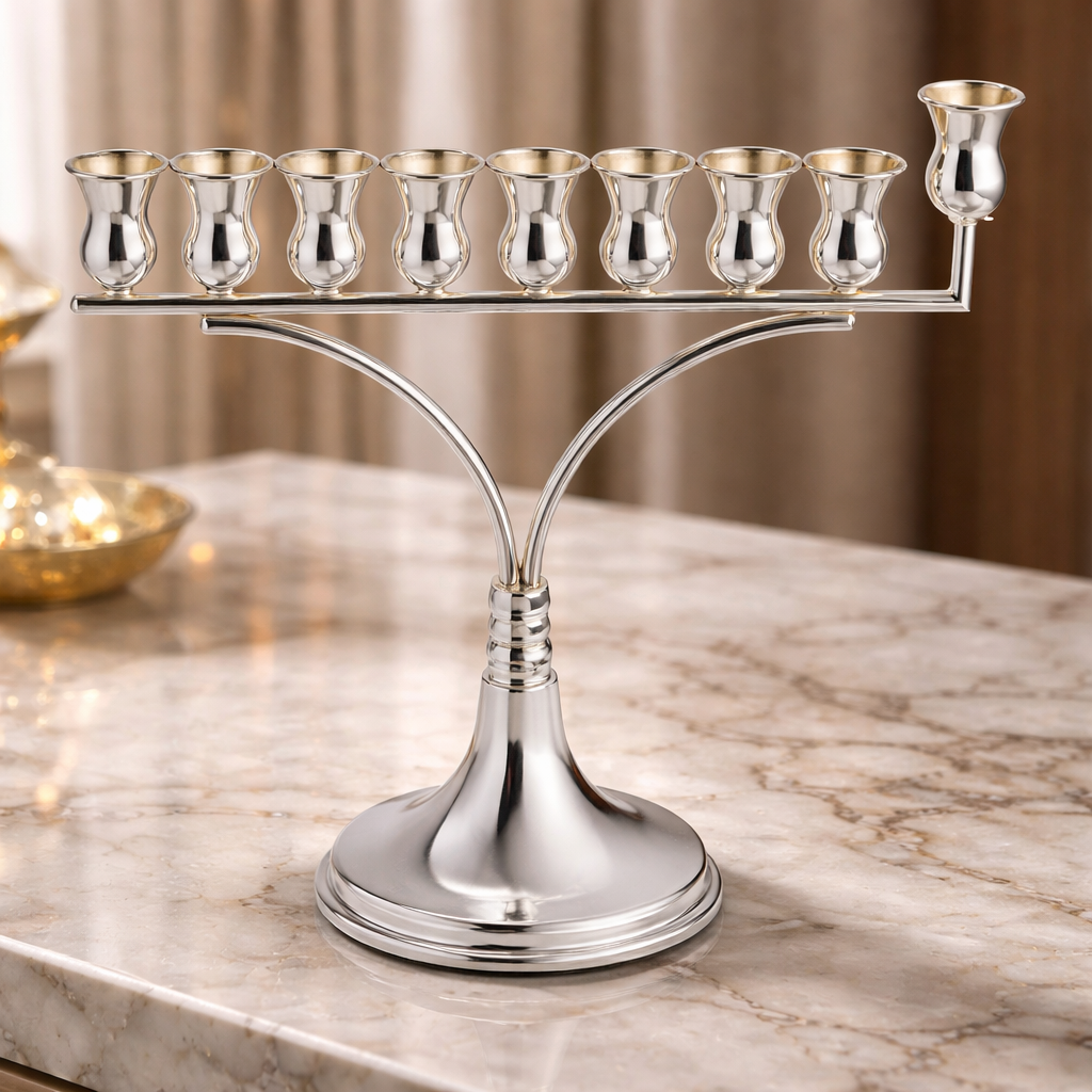 925 Sterling Silver Menorah- Horizontal Linear Design with Gold Cups
