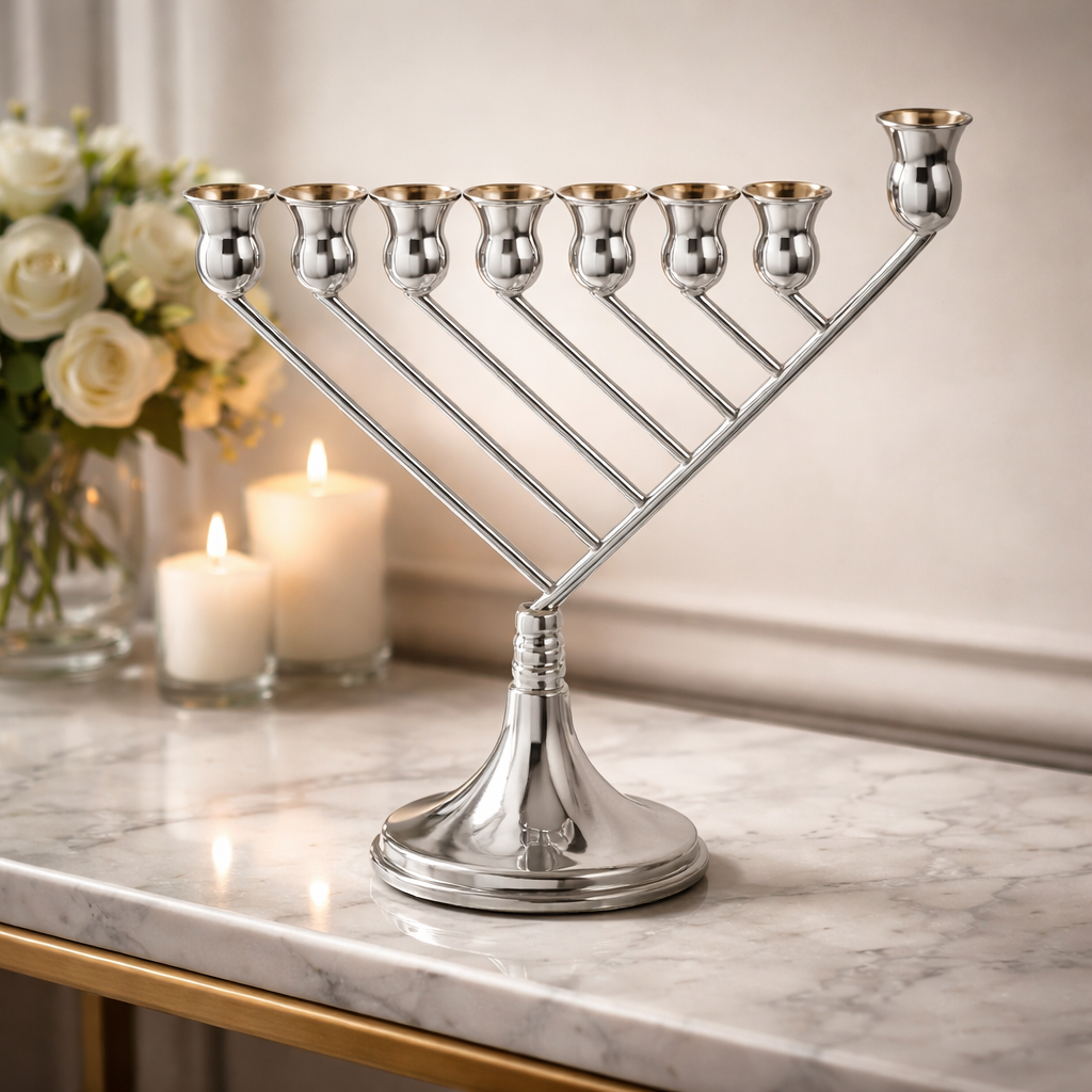 925 Sterling Silver Menorah- Contemporary Diagonal Design, Round Base