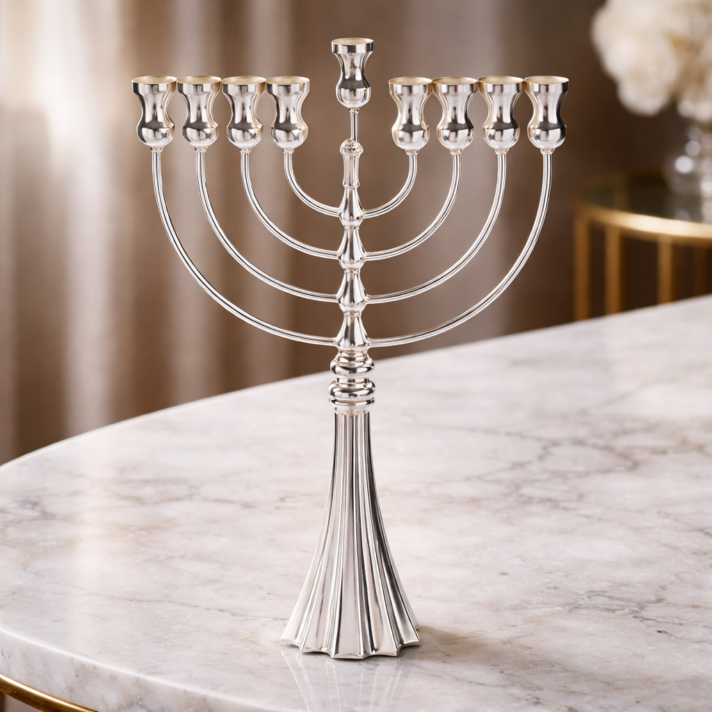 925 Sterling Silver Menorah- Sculptural Fluted Base with Gold-Plated Cups