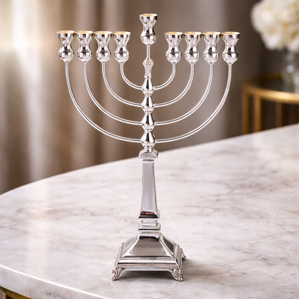 925 Sterling Silver Menorah- Classical Curved Branches, Sculpted Stem
