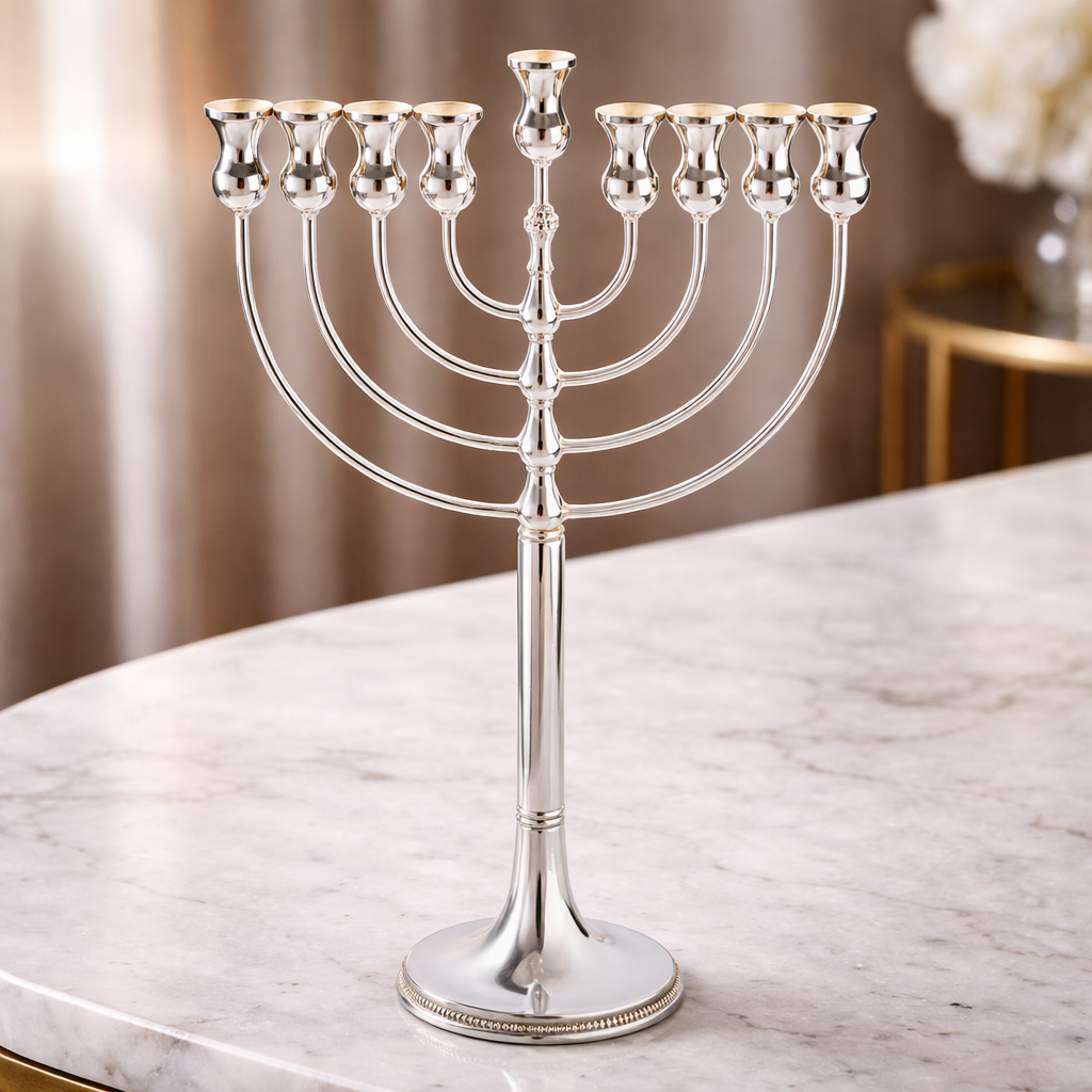 925 Sterling Silver Menorah- Elegant Curved Branches, Slender Stem