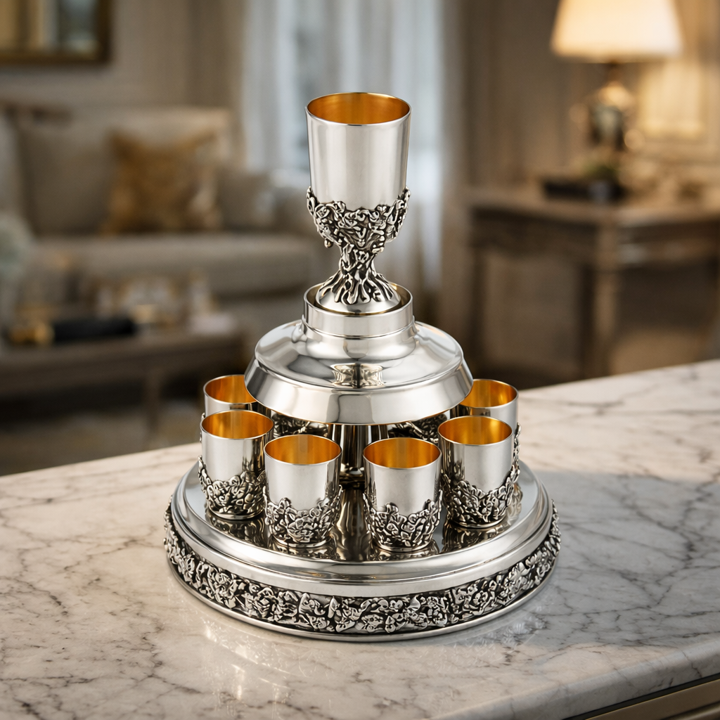 Handcrafted Wine Fountain with 8 Kiddush Cups