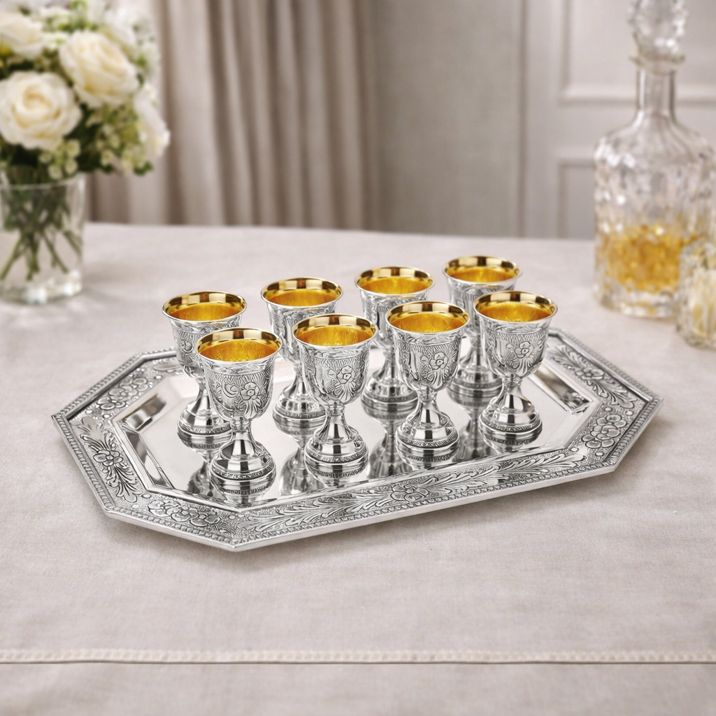 Timeless Luxury Sterling Silver Liquor 8 Cups Set with Tray