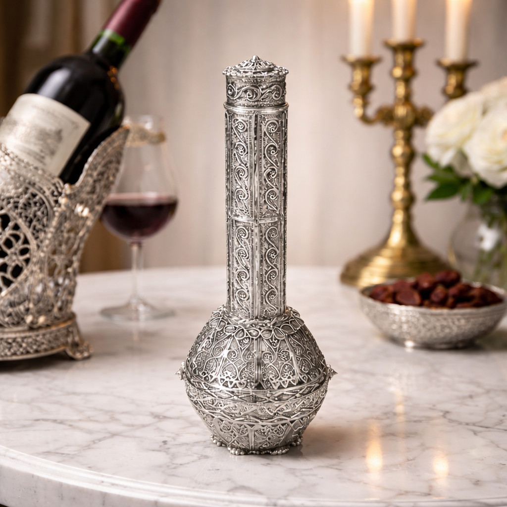 Ornate Judaica Silver Wine Bottle