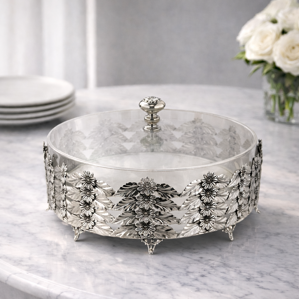 Silver ornate covered serving dish