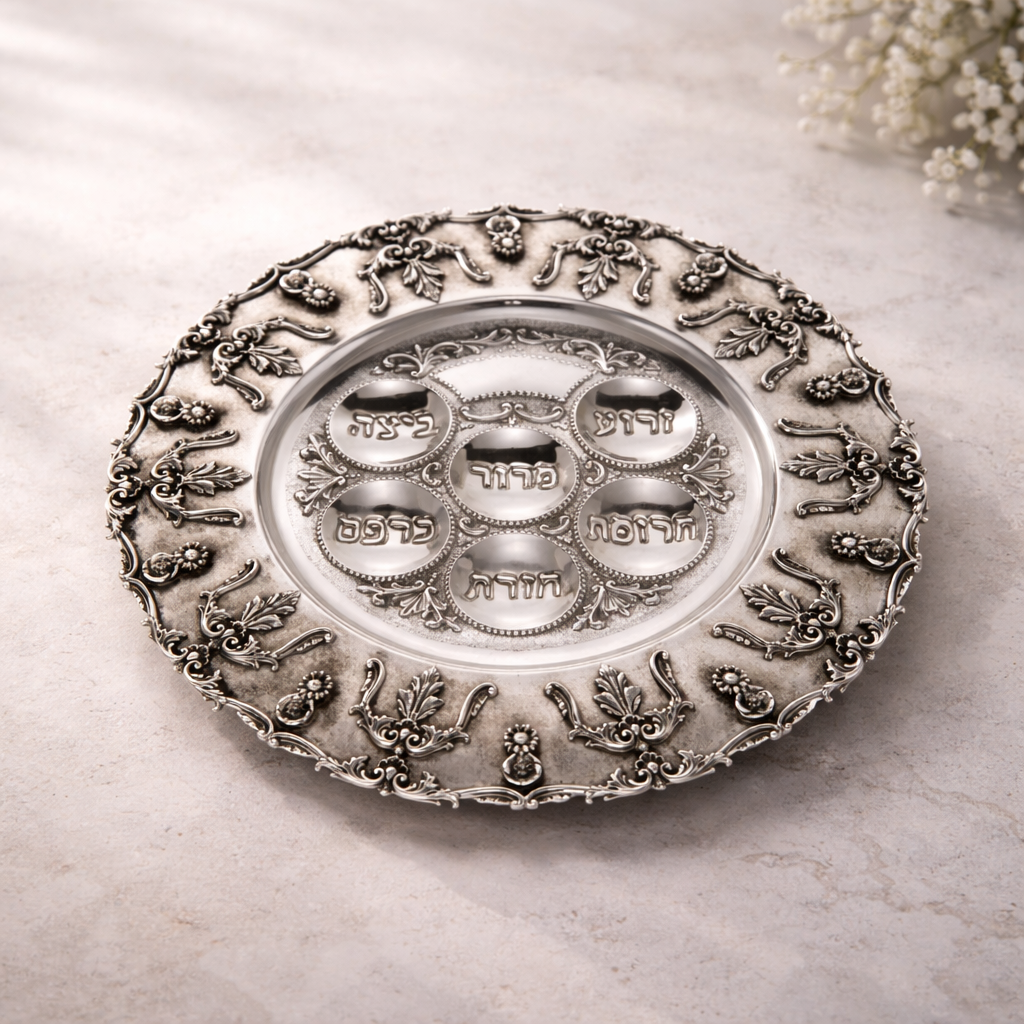Silver plate with intricate designs on a light background