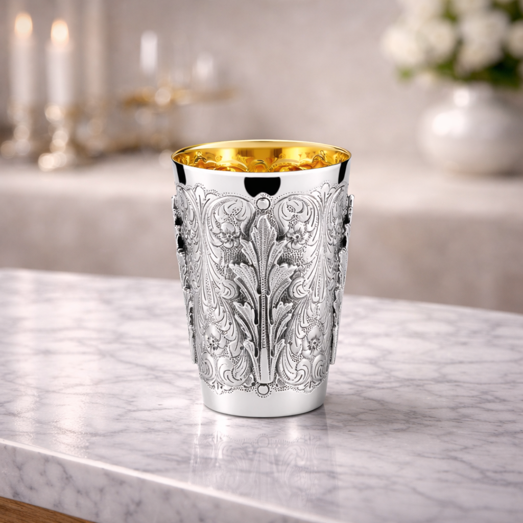 Decorative silver goblet on marble