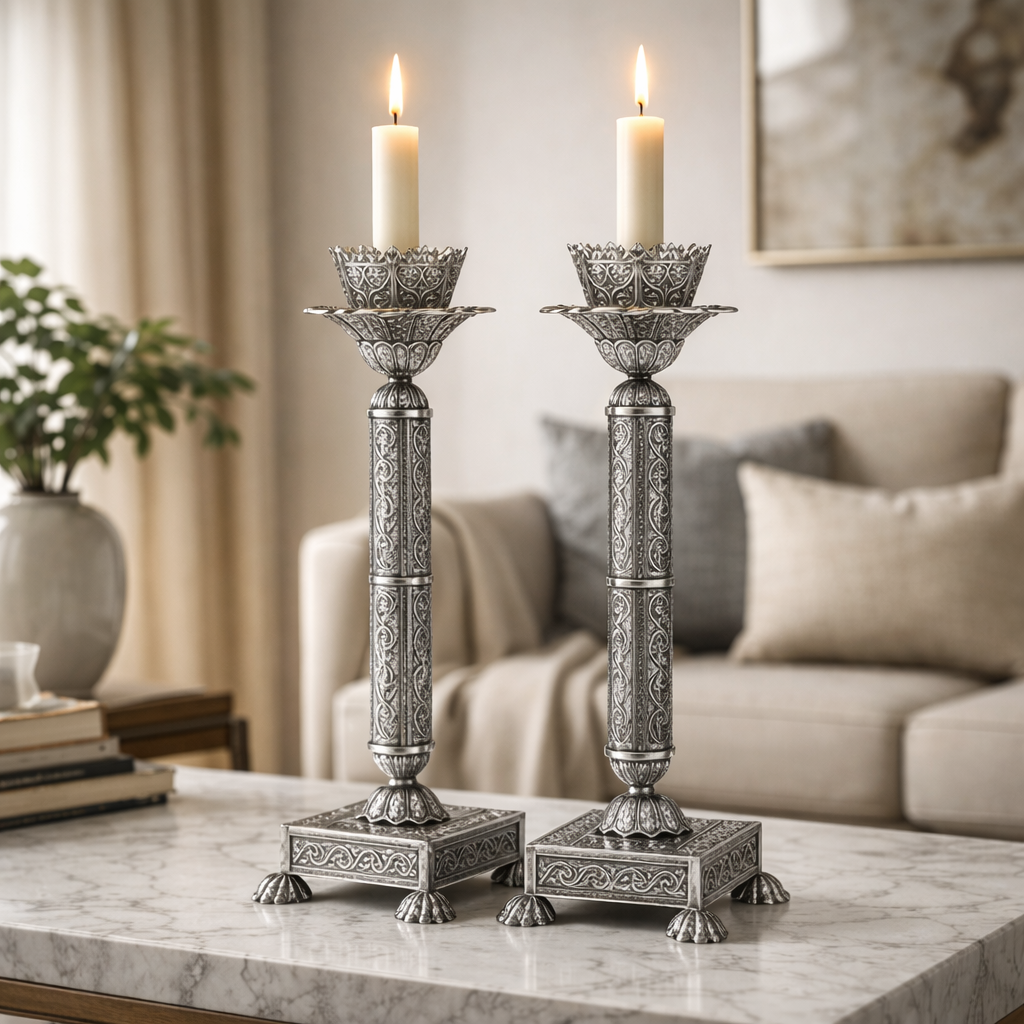 Modern pillar silver candlesticks