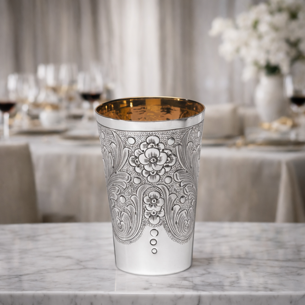 Ornate silver cup with design